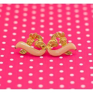 Vintage Heart Ribbon Gold Tone Rose Stud Earrings by Avon - P18